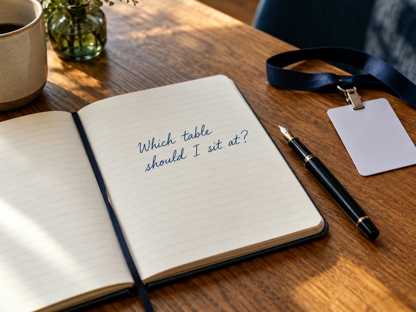 A conference notebook asking: Which table should I sit at?
